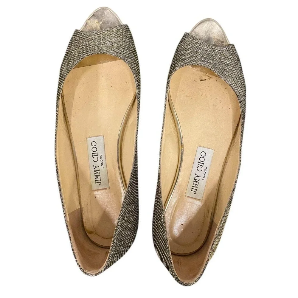 Jimmy Choo Glitter Peep Toe Ballet Flats Gold Sparkle Women Size 39 us 8-8.5